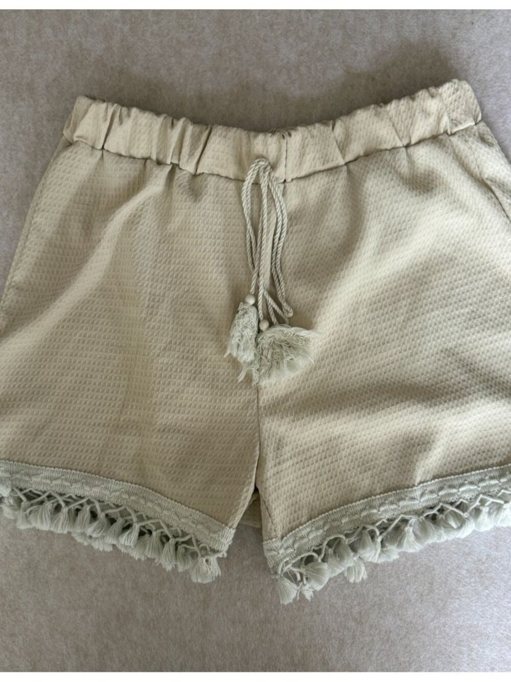 Womens XL Off White Fringe Shorts Boho Tie Waist Casual Summer Festival